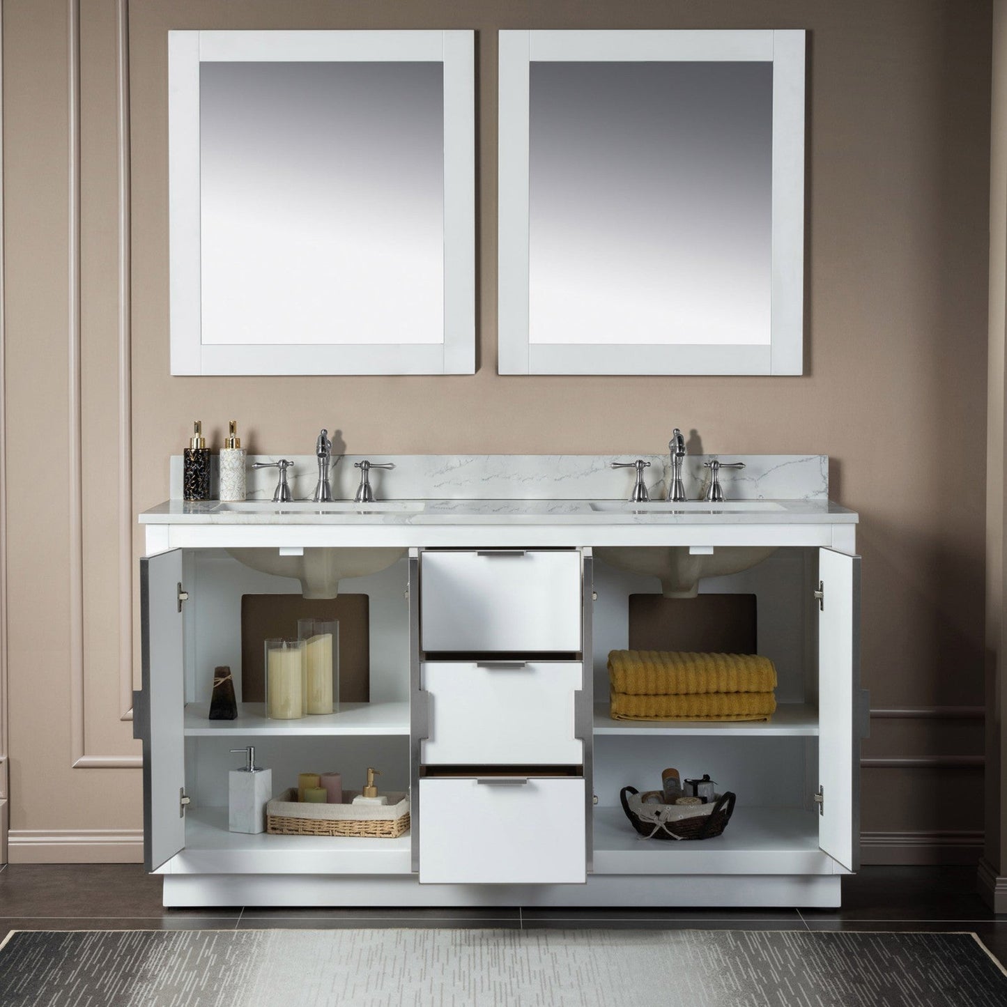 Woodbridge Venice 61" White and Brushed Nickel Trim Solid Wood Vanity Base and Fish Belly White Engineered Stone Composite Top With 3 Pre-drilled Holes for 8" Widespread Faucet