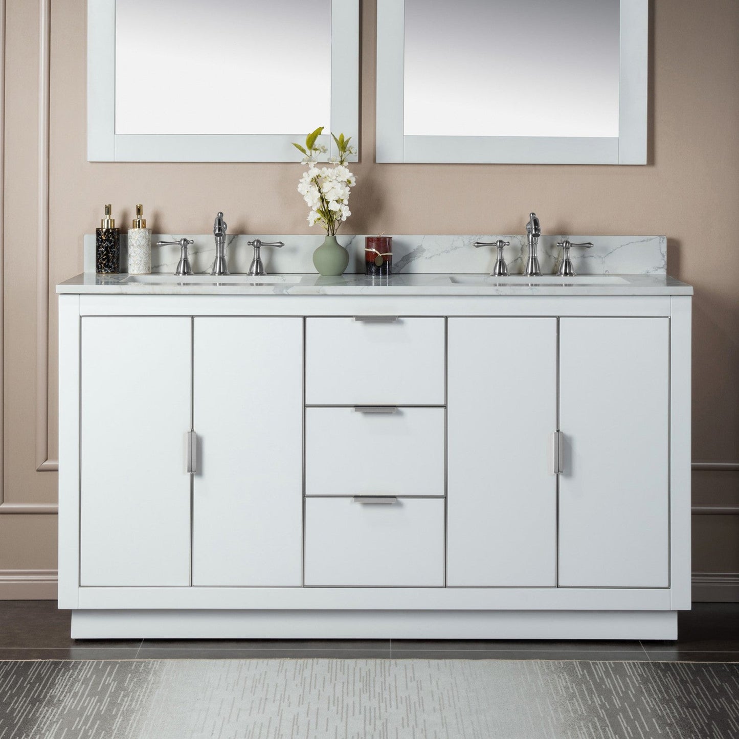 Woodbridge Venice 61" White and Brushed Nickel Trim Solid Wood Vanity Base and Fish Belly White Engineered Stone Composite Top With 3 Pre-drilled Holes for 8" Widespread Faucet