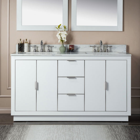 Woodbridge Venice 61" White and Brushed Nickel Trim Solid Wood Vanity Base and Fish Belly White Engineered Stone Composite Top With 3 Pre-drilled Holes for 8" Widespread Faucet