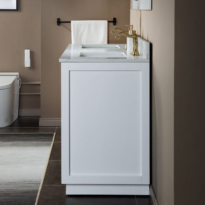 Woodbridge Venice 61" White and Gold Trim Solid Wood Vanity Base and Carrara Marble Top With 3 Pre-drilled Holes for 8" Widespread Faucet