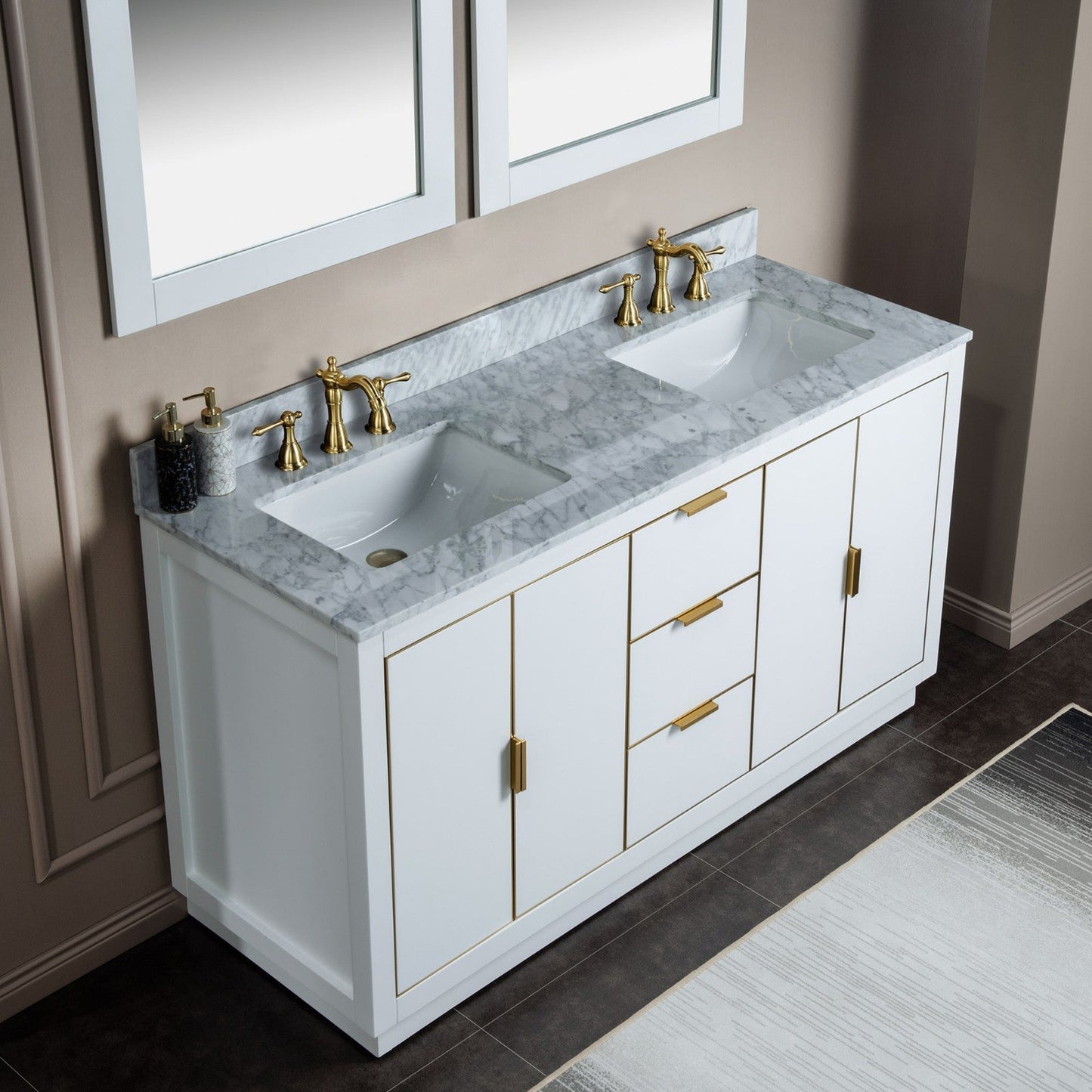 Woodbridge Venice 61" White and Gold Trim Solid Wood Vanity Base and Carrara Marble Top With 3 Pre-drilled Holes for 8" Widespread Faucet