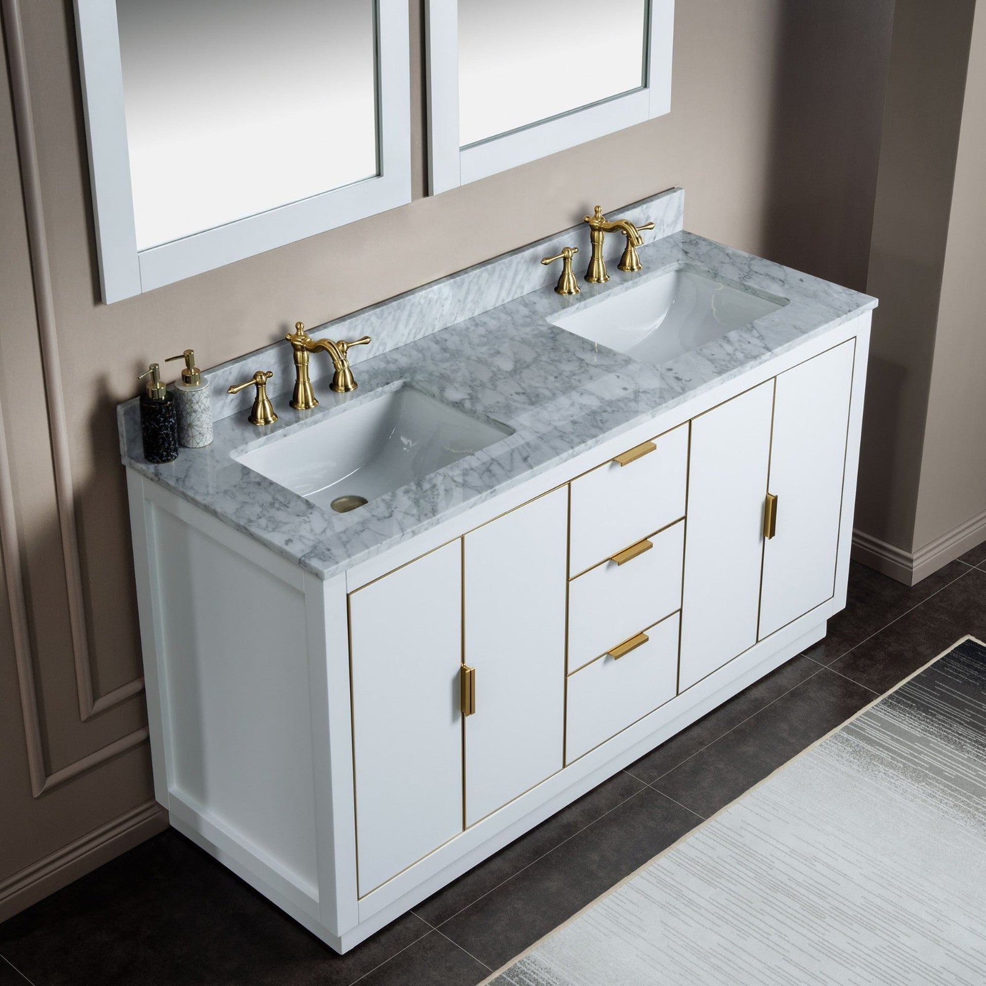 Woodbridge Venice 61" White and Gold Trim Solid Wood Vanity Base and Carrara Marble Top With 3 Pre-drilled Holes for 8" Widespread Faucet