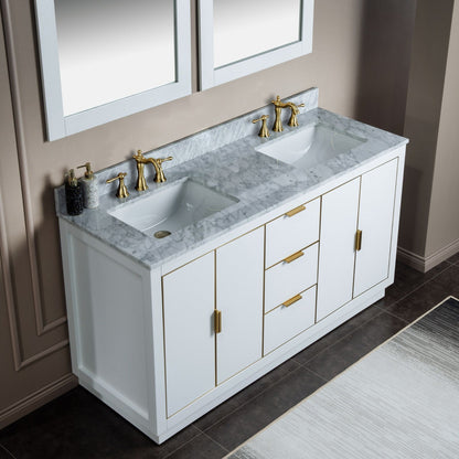 Woodbridge Venice 61" White and Gold Trim Solid Wood Vanity Base and Carrara Marble Top With 3 Pre-drilled Holes for 8" Widespread Faucet
