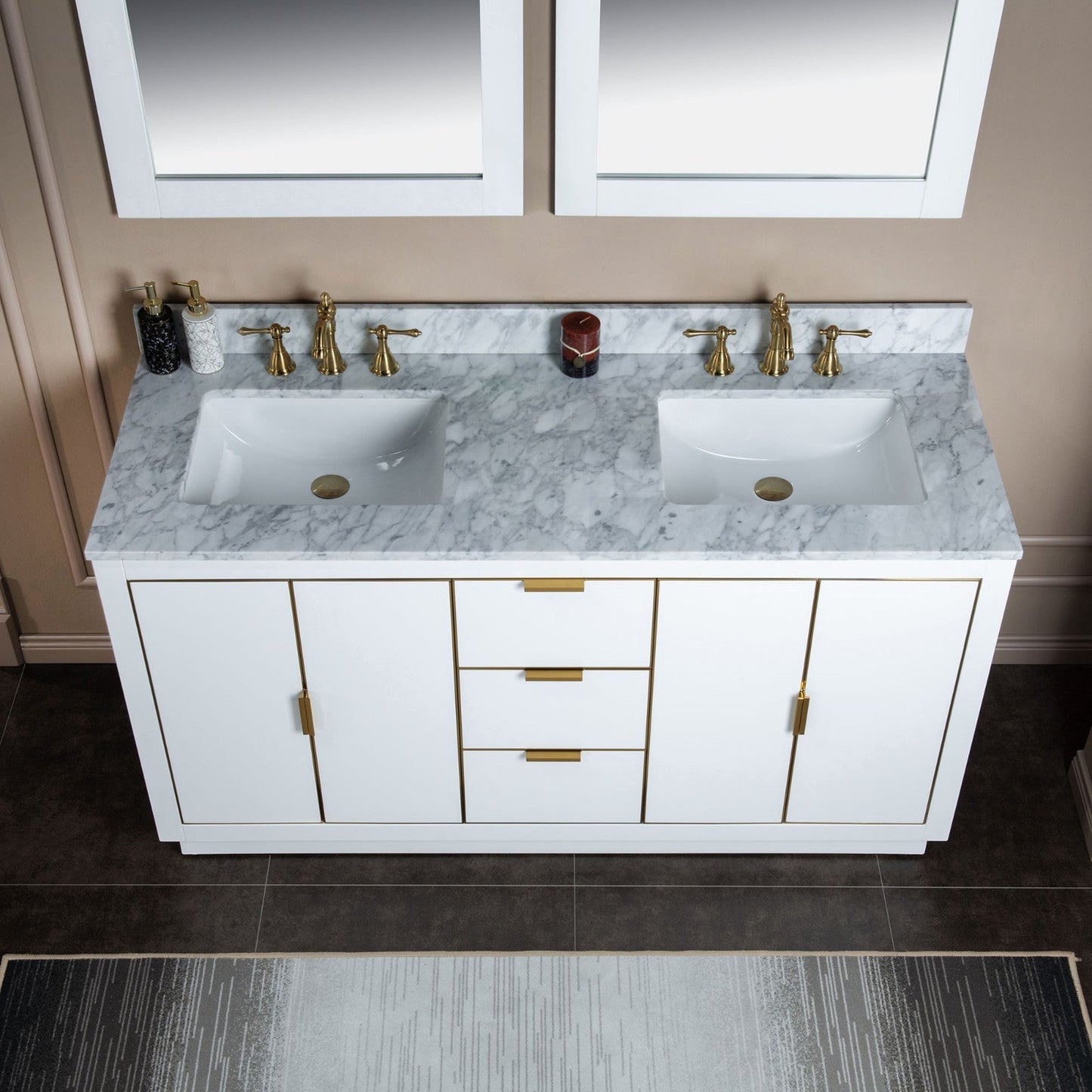 Woodbridge Venice 61" White and Gold Trim Solid Wood Vanity Base and Carrara Marble Top With 3 Pre-drilled Holes for 8" Widespread Faucet
