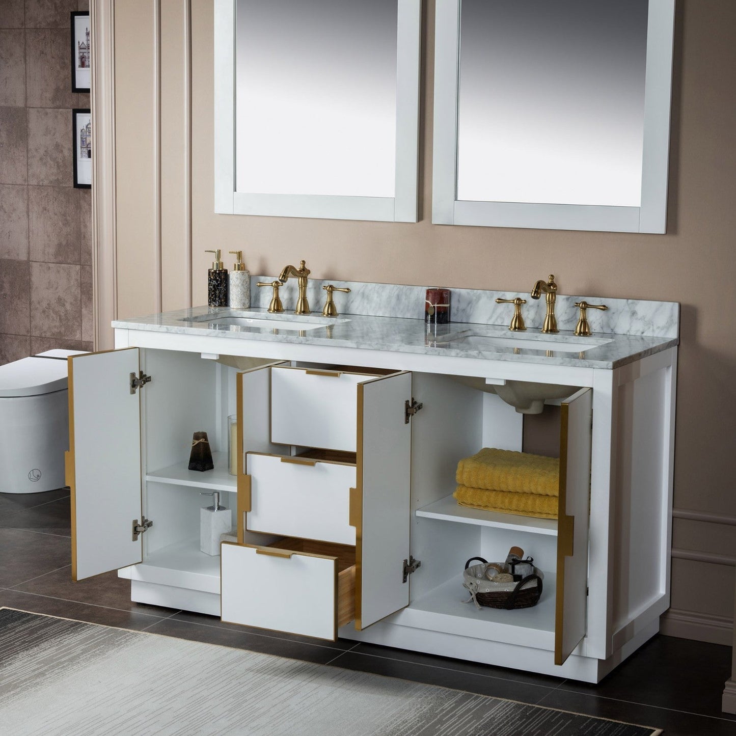 Woodbridge Venice 61" White and Gold Trim Solid Wood Vanity Base and Carrara Marble Top With 3 Pre-drilled Holes for 8" Widespread Faucet