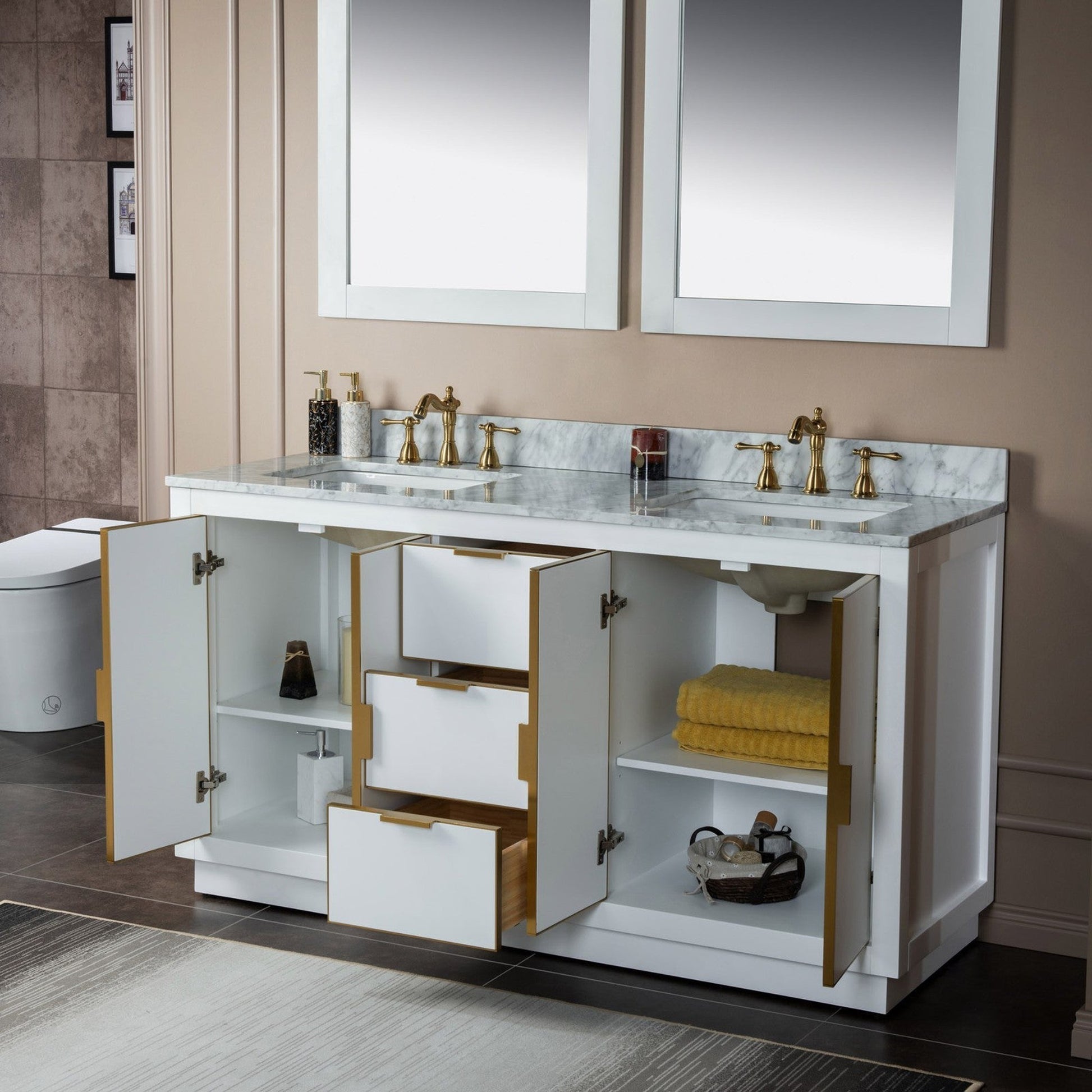 Woodbridge Venice 61" White and Gold Trim Solid Wood Vanity Base and Carrara Marble Top With 3 Pre-drilled Holes for 8" Widespread Faucet