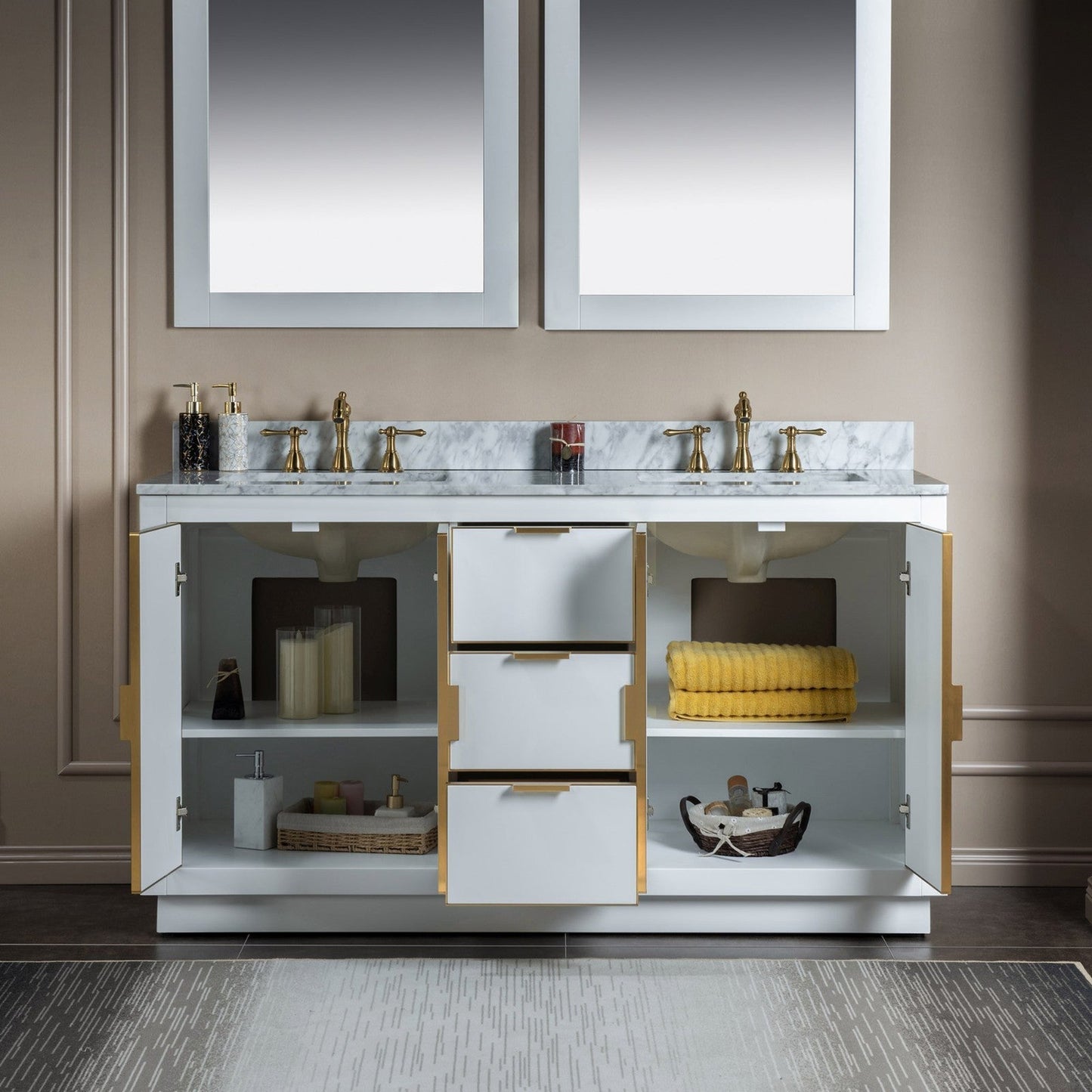 Woodbridge Venice 61" White and Gold Trim Solid Wood Vanity Base and Carrara Marble Top With 3 Pre-drilled Holes for 8" Widespread Faucet