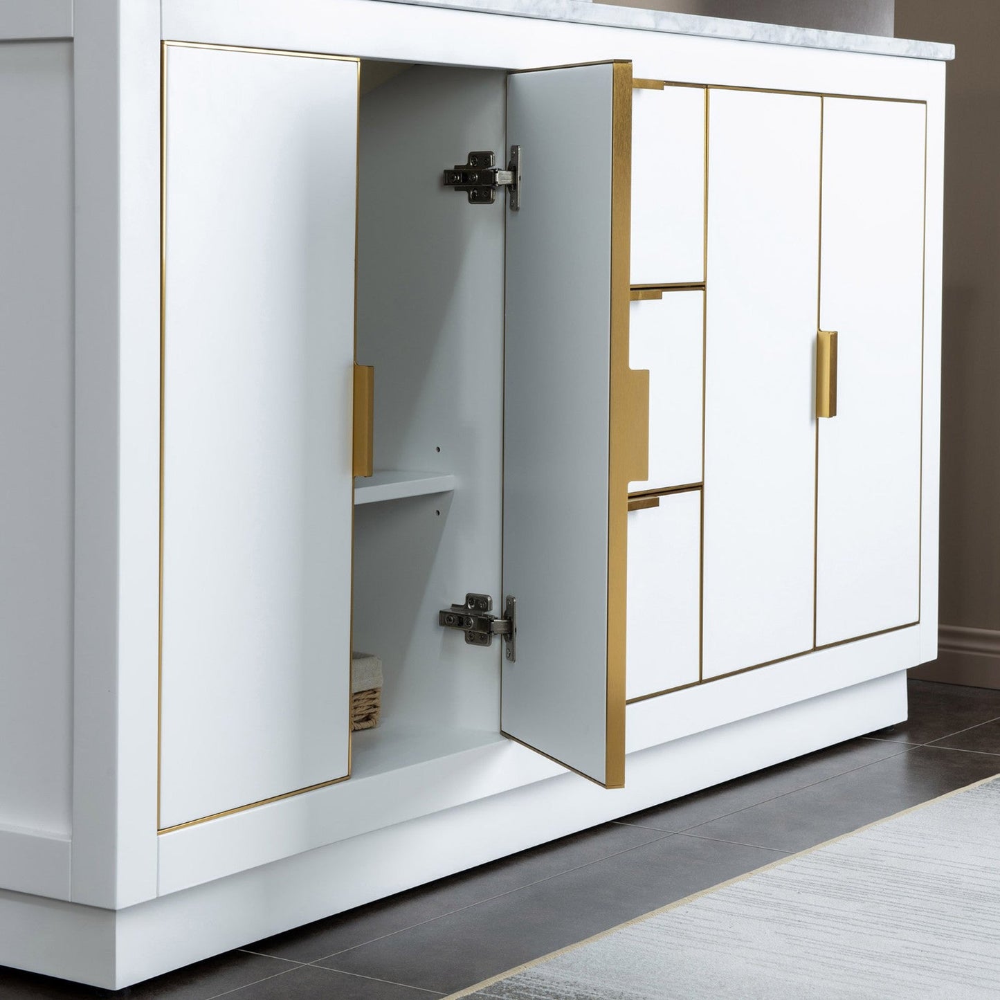 Woodbridge Venice 61" White and Gold Trim Solid Wood Vanity Base and Carrara Marble Top With 3 Pre-drilled Holes for 8" Widespread Faucet