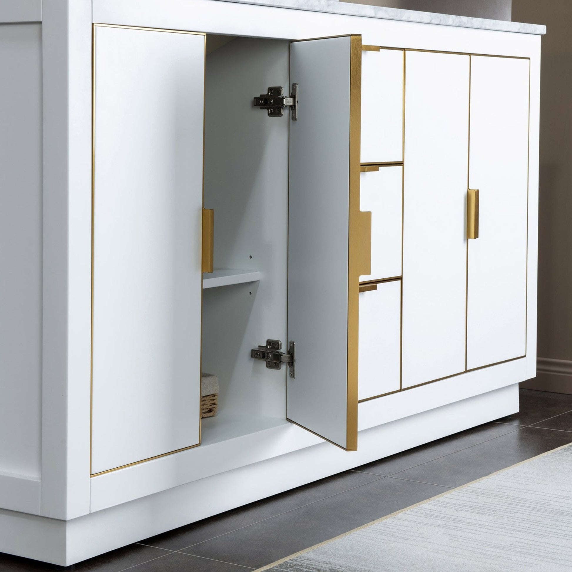 Woodbridge Venice 61" White and Gold Trim Solid Wood Vanity Base and Carrara Marble Top With 3 Pre-drilled Holes for 8" Widespread Faucet
