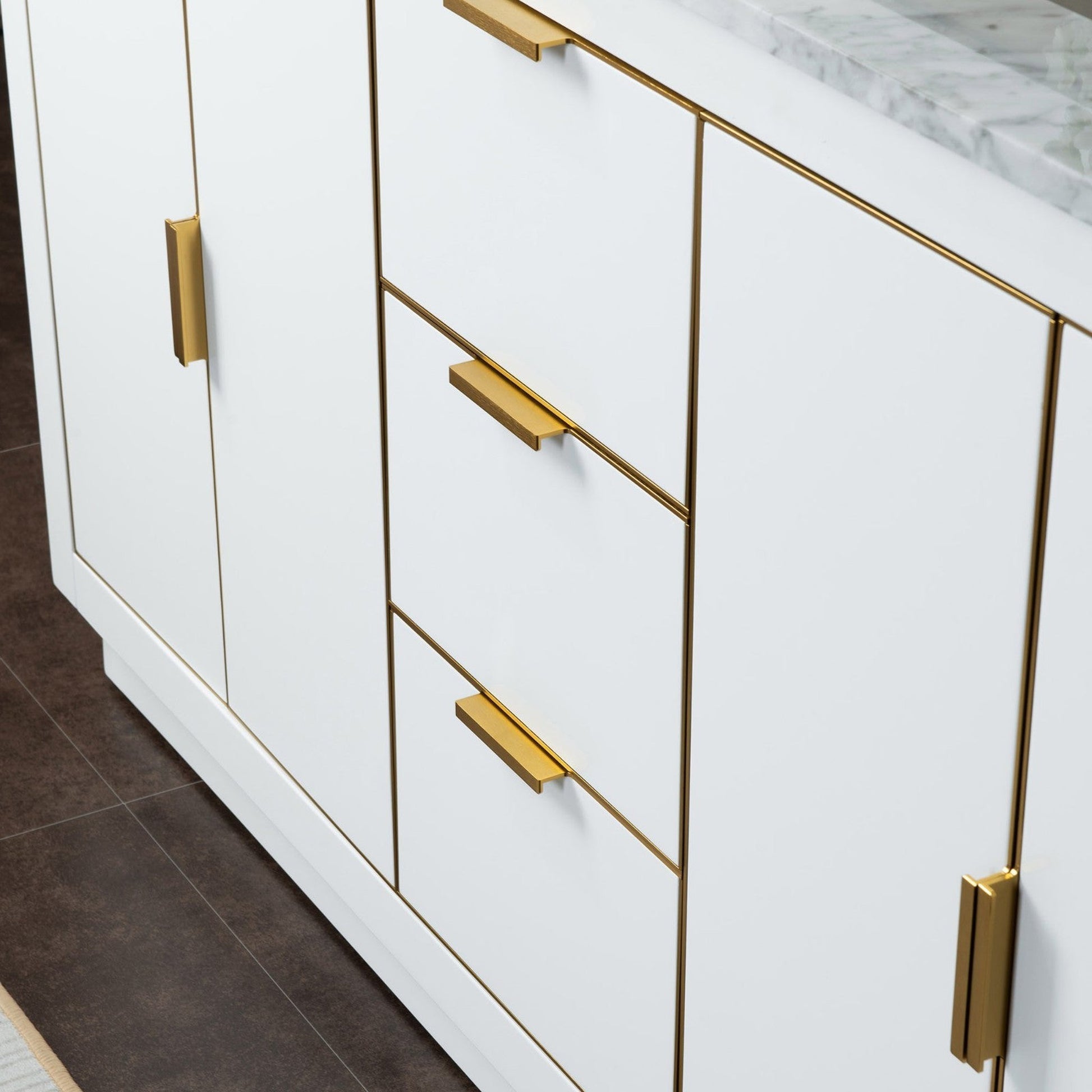 Woodbridge Venice 61" White and Gold Trim Solid Wood Vanity Base and Carrara Marble Top With 3 Pre-drilled Holes for 8" Widespread Faucet