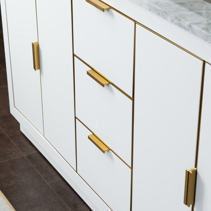 Woodbridge Venice 61" White and Gold Trim Solid Wood Vanity Base and Carrara Marble Top With 3 Pre-drilled Holes for 8" Widespread Faucet