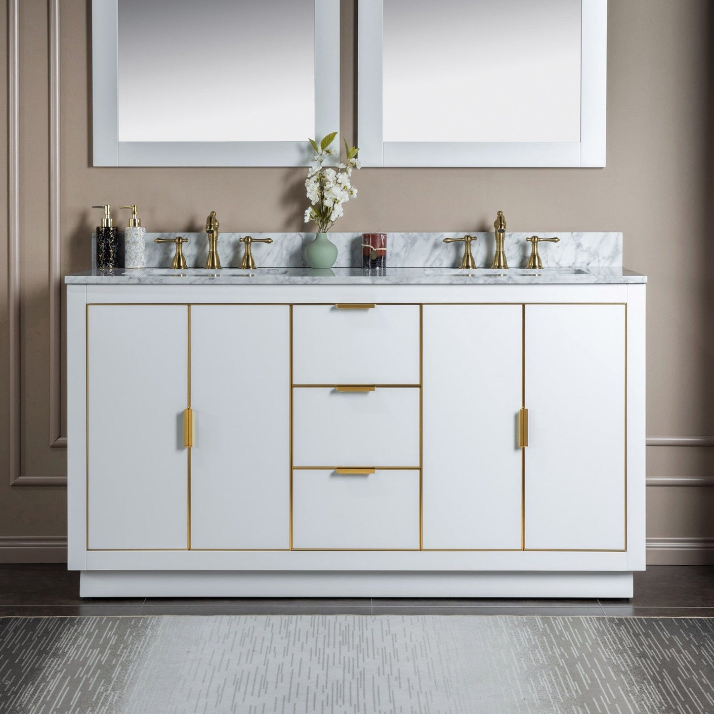 Woodbridge Venice 61" White and Gold Trim Solid Wood Vanity Base and Carrara Marble Top With 3 Pre-drilled Holes for 8" Widespread Faucet