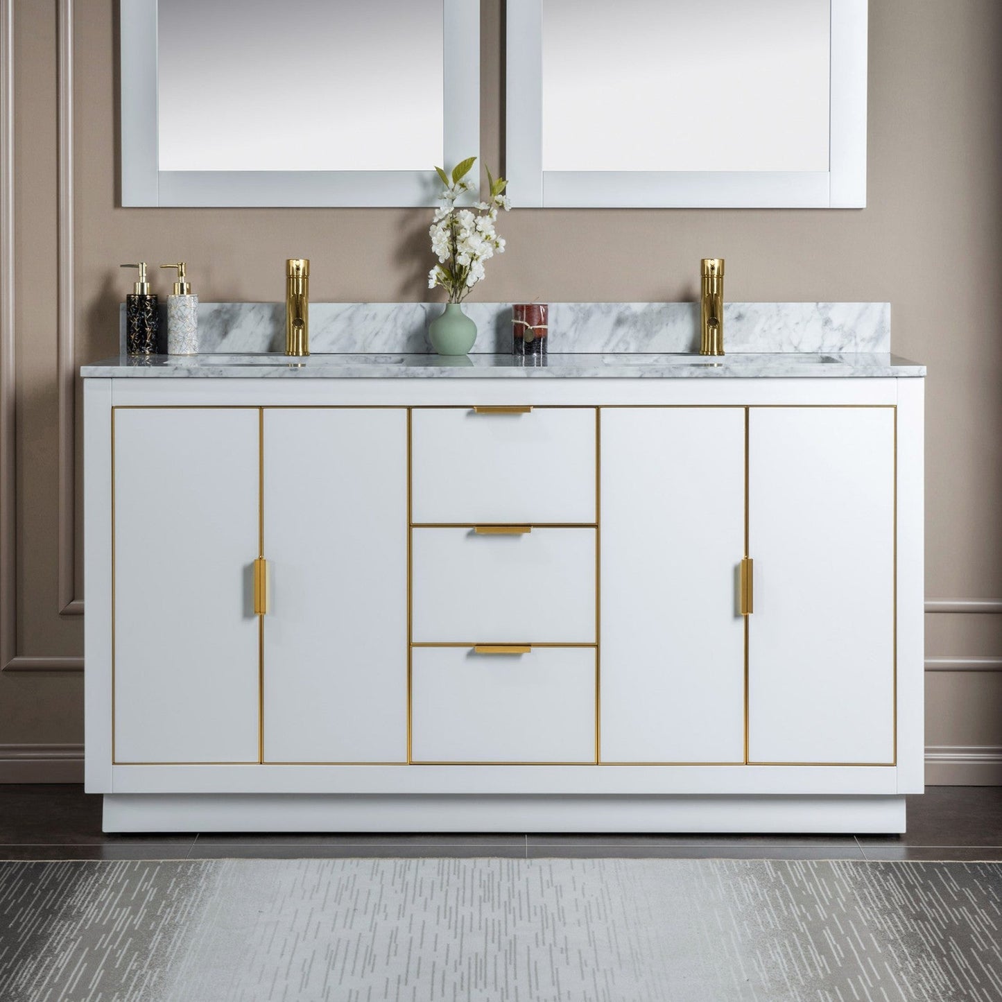 Woodbridge Venice 61" White and Gold Trim Solid Wood Vanity Base and Carrara Marble Top With Pre-Drilled Single Hole Faucet