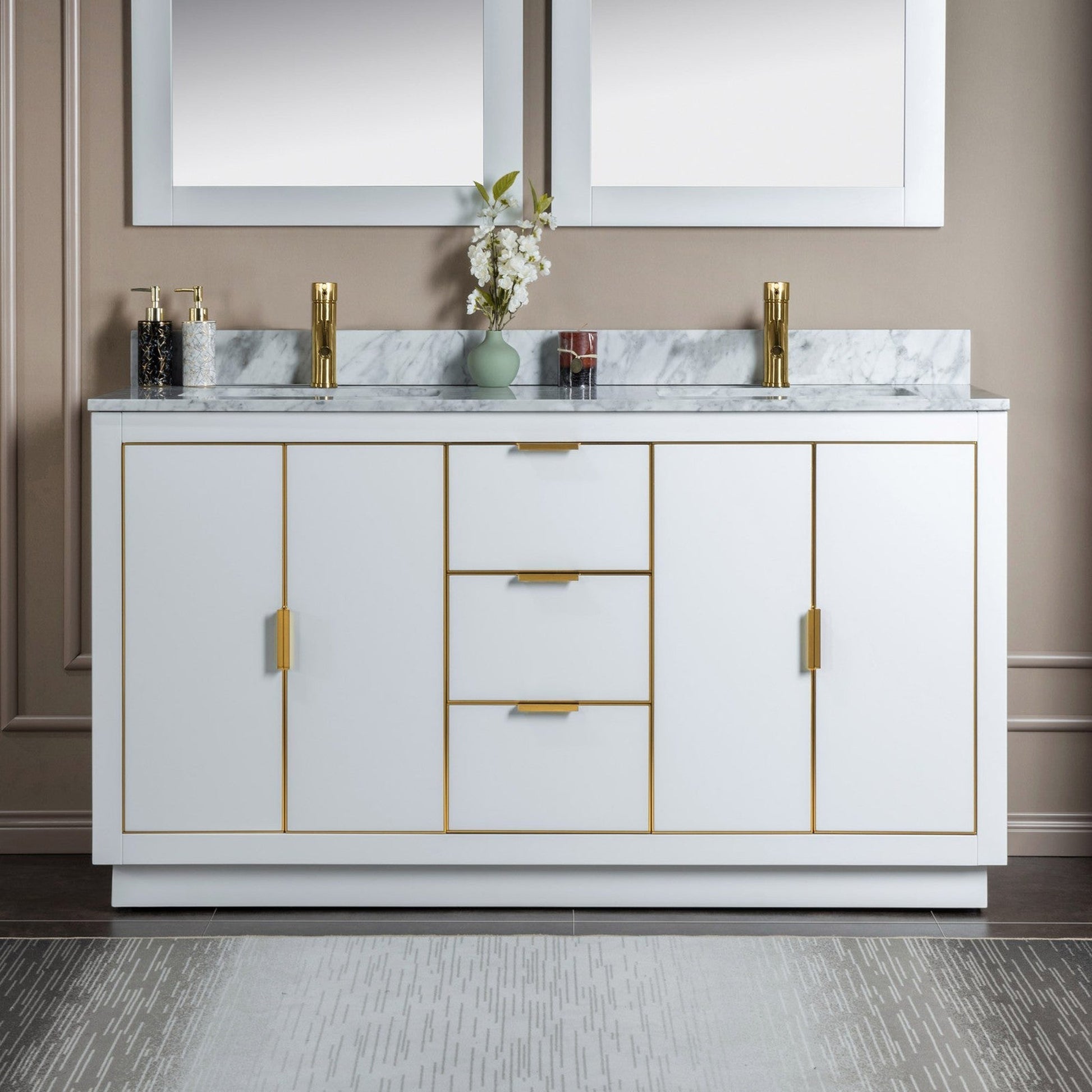 Woodbridge Venice 61" White and Gold Trim Solid Wood Vanity Base and Carrara Marble Top With Pre-Drilled Single Hole Faucet