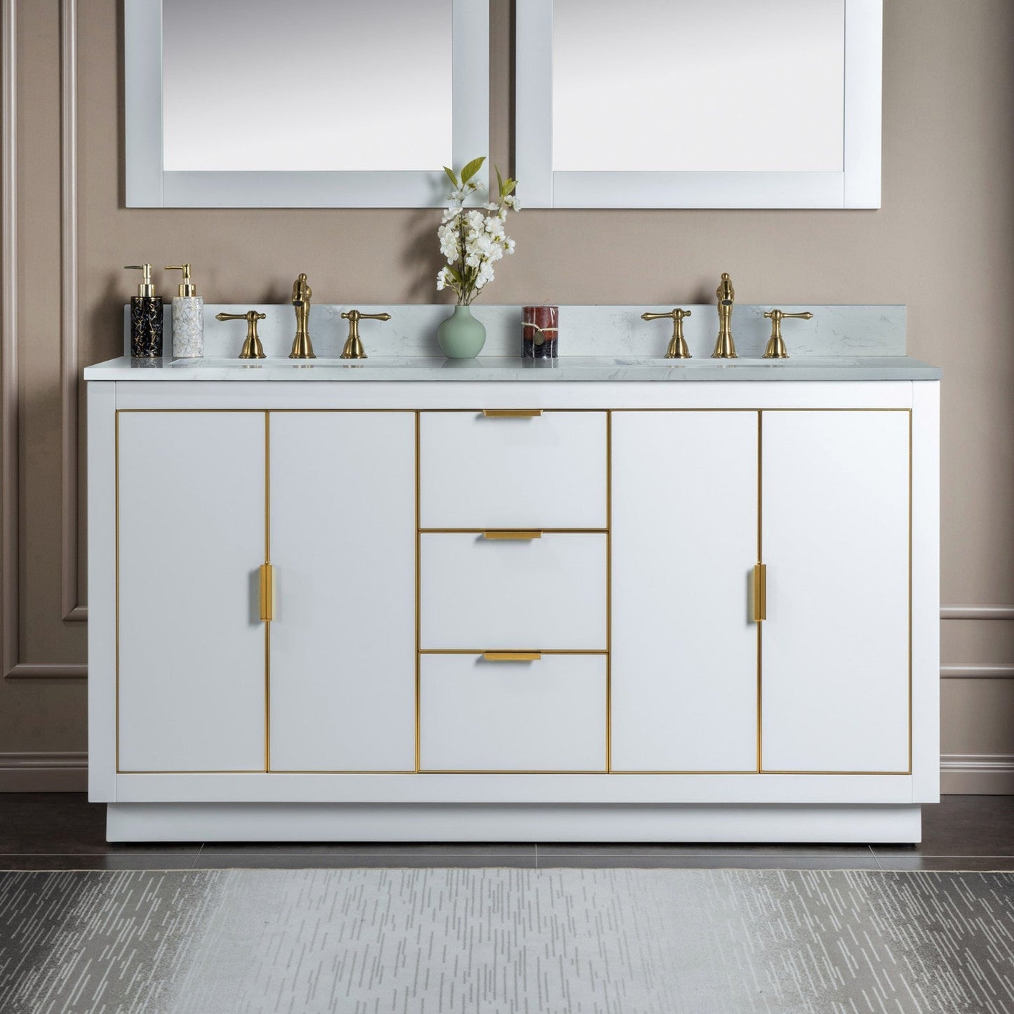 Woodbridge Venice 61" White and Gold Trim Solid Wood Vanity Base and Carrara White Engineered Stone Top With 3 Pre-drilled Holes for 8" Widespread Faucet