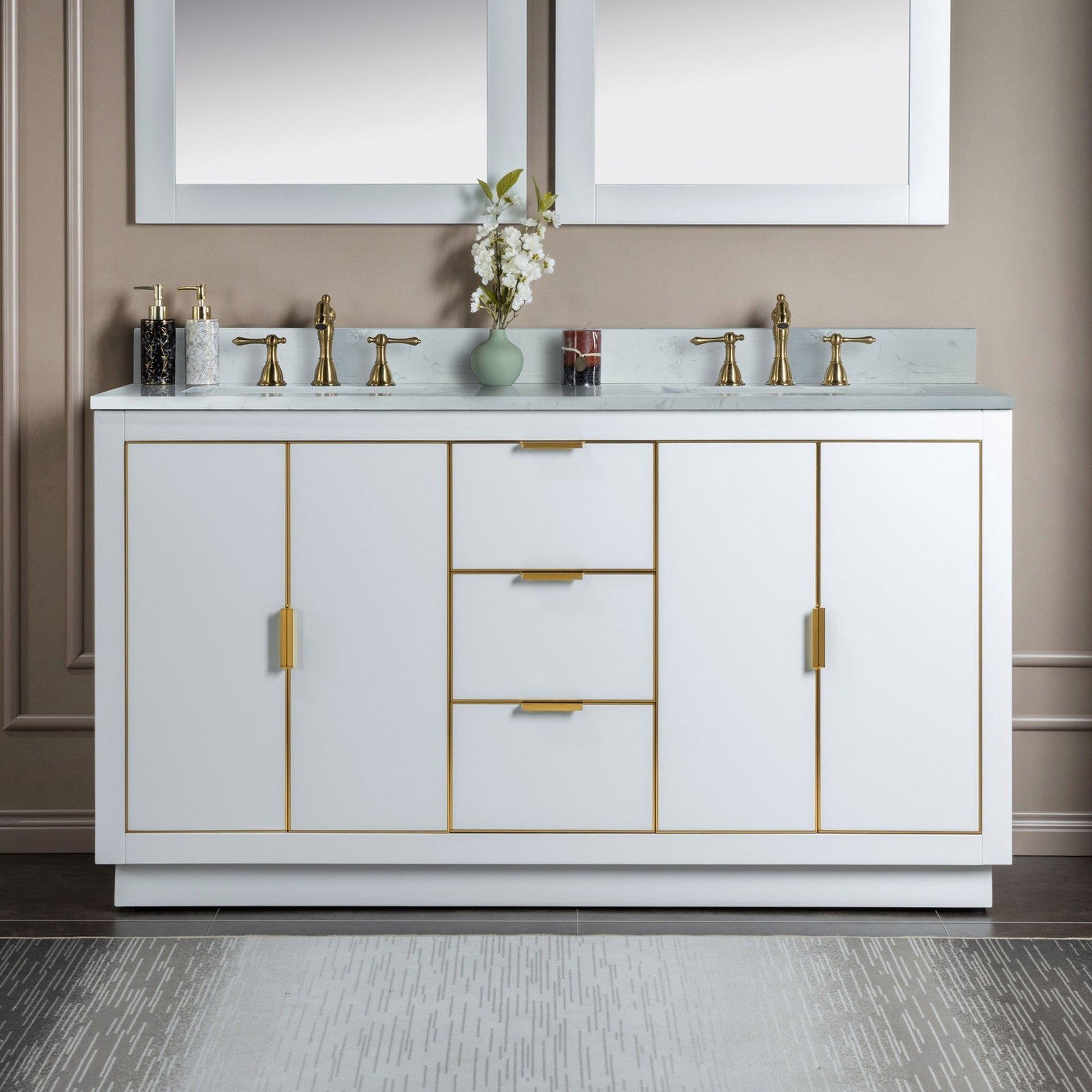 Woodbridge Venice 61" White and Gold Trim Solid Wood Vanity Base and Carrara White Engineered Stone Top With 3 Pre-drilled Holes for 8" Widespread Faucet