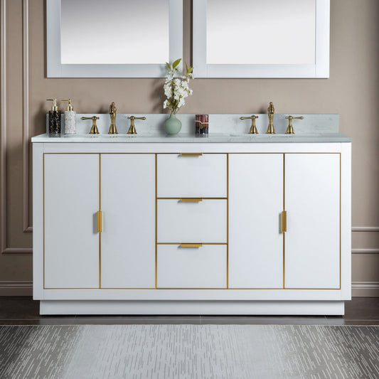 Woodbridge Venice 61" White and Gold Trim Solid Wood Vanity Base and Carrara White Engineered Stone Top With 3 Pre-drilled Holes for 8" Widespread Faucet