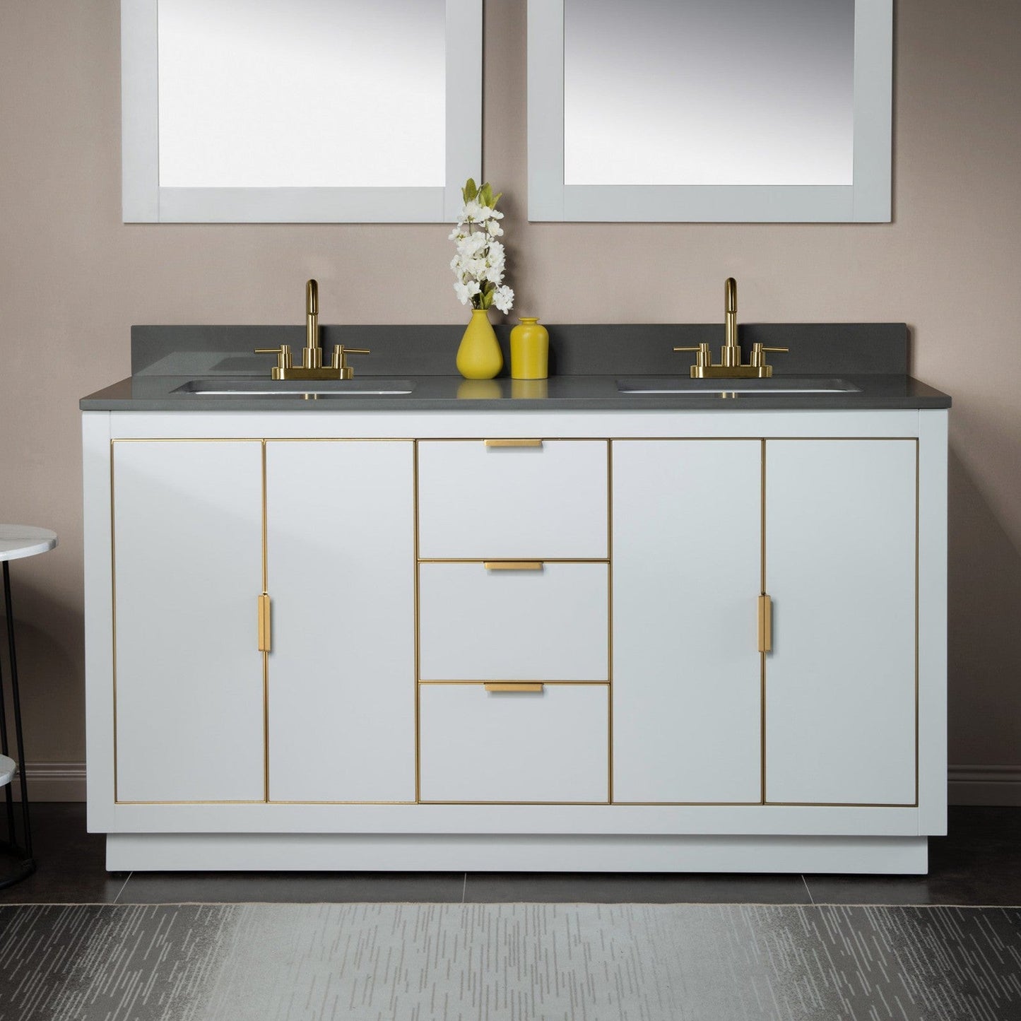Woodbridge Venice 61" White and Gold Trim Solid Wood Vanity Base and Dark Gray Engineered Stone Composite Top With 3 Pre-Drilled Holes for 4" Centerset Faucet