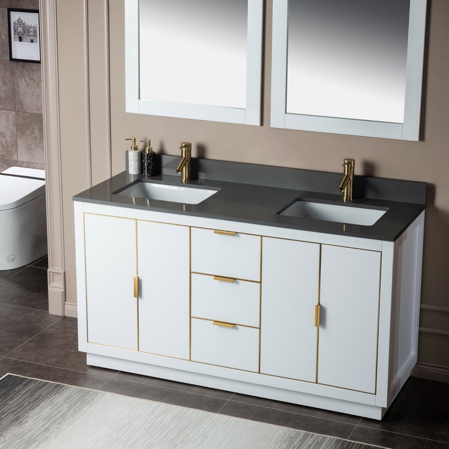 Woodbridge Venice 61" White and Gold Trim Solid Wood Vanity Base and Dark Gray Engineered Stone Top With 3 Pre-drilled Holes for 8" Widespread Faucet