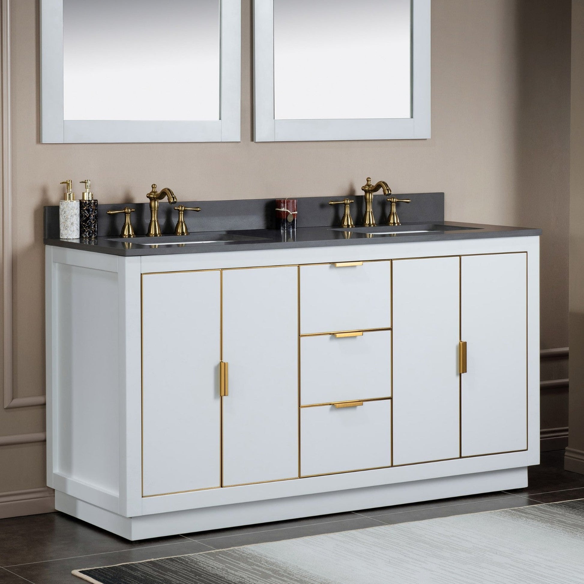 Woodbridge Venice 61" White and Gold Trim Solid Wood Vanity Base and Dark Gray Engineered Stone Top With 3 Pre-drilled Holes for 8" Widespread Faucet