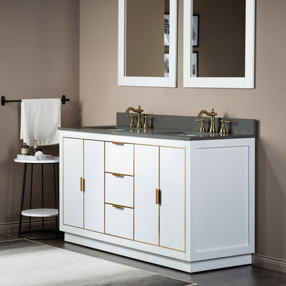 Woodbridge Venice 61" White and Gold Trim Solid Wood Vanity Base and Dark Gray Engineered Stone Top With 3 Pre-drilled Holes for 8" Widespread Faucet