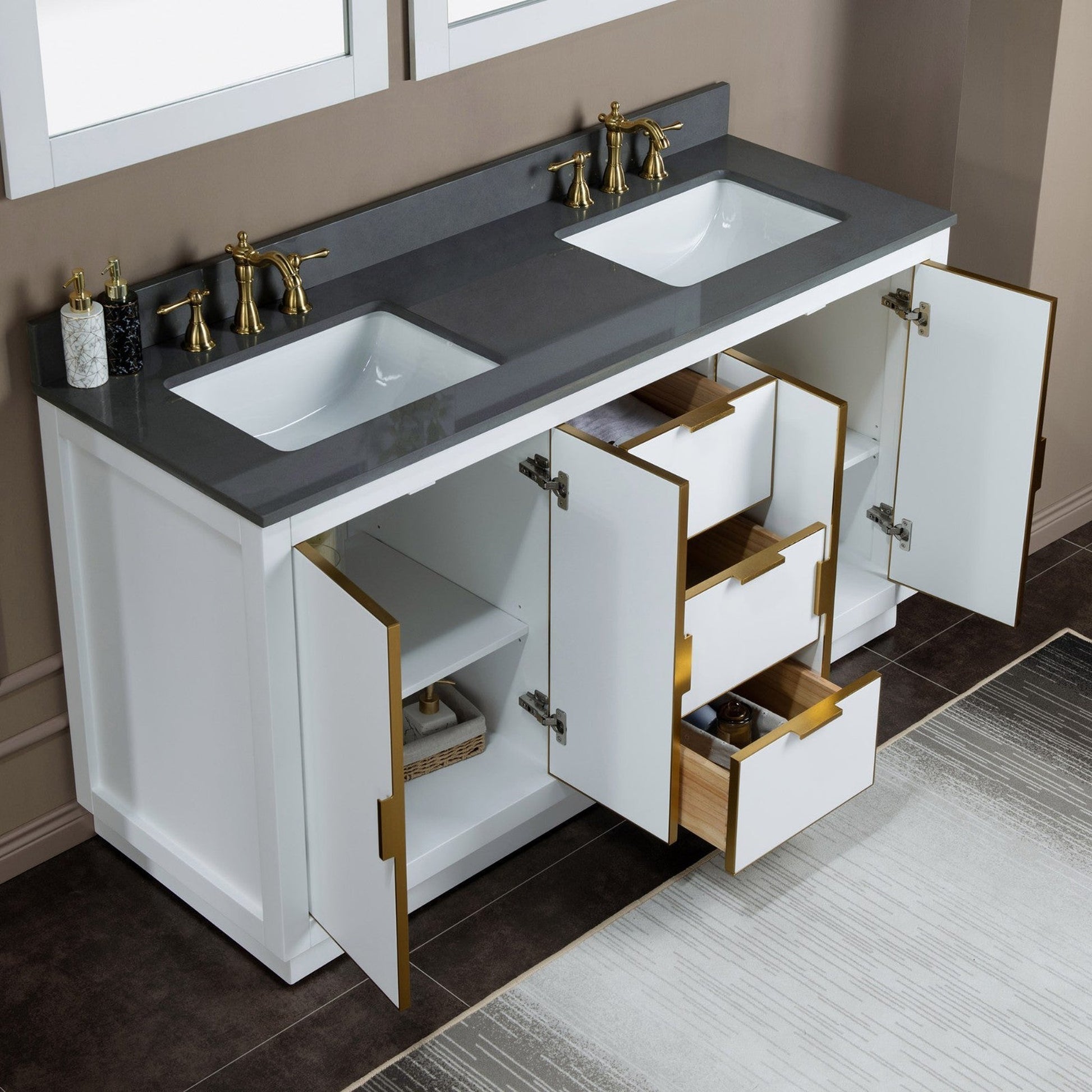 Woodbridge Venice 61" White and Gold Trim Solid Wood Vanity Base and Dark Gray Engineered Stone Top With 3 Pre-drilled Holes for 8" Widespread Faucet