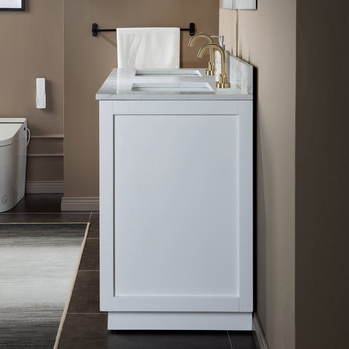 Woodbridge Venice 61" White and Gold Trim Solid Wood Vanity Base and Fish Belly White Engineered Stone Composite Top With 3 Pre-Drilled Holes for 4" Centerset Faucet