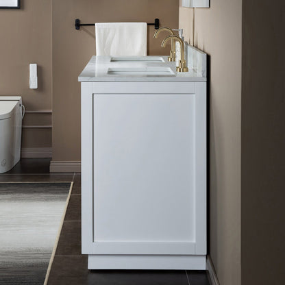 Woodbridge Venice 61" White and Gold Trim Solid Wood Vanity Base and Fish Belly White Engineered Stone Composite Top With 3 Pre-Drilled Holes for 4" Centerset Faucet