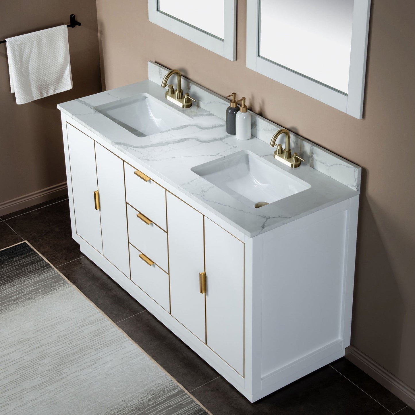 Woodbridge Venice 61" White and Gold Trim Solid Wood Vanity Base and Fish Belly White Engineered Stone Composite Top With 3 Pre-Drilled Holes for 4" Centerset Faucet