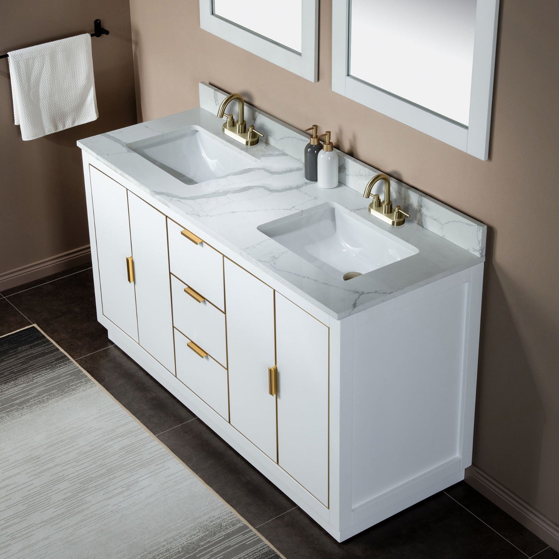 Woodbridge Venice 61" White and Gold Trim Solid Wood Vanity Base and Fish Belly White Engineered Stone Composite Top With 3 Pre-Drilled Holes for 4" Centerset Faucet