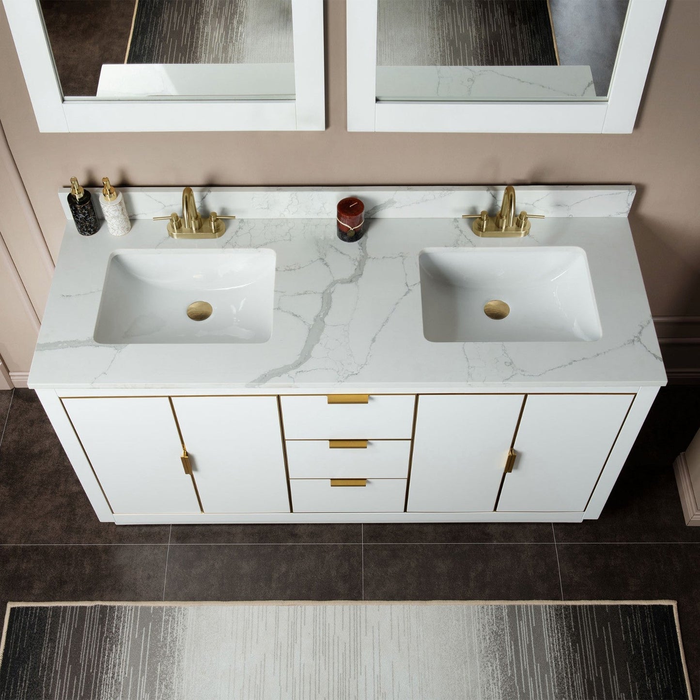 Woodbridge Venice 61" White and Gold Trim Solid Wood Vanity Base and Fish Belly White Engineered Stone Composite Top With 3 Pre-Drilled Holes for 4" Centerset Faucet