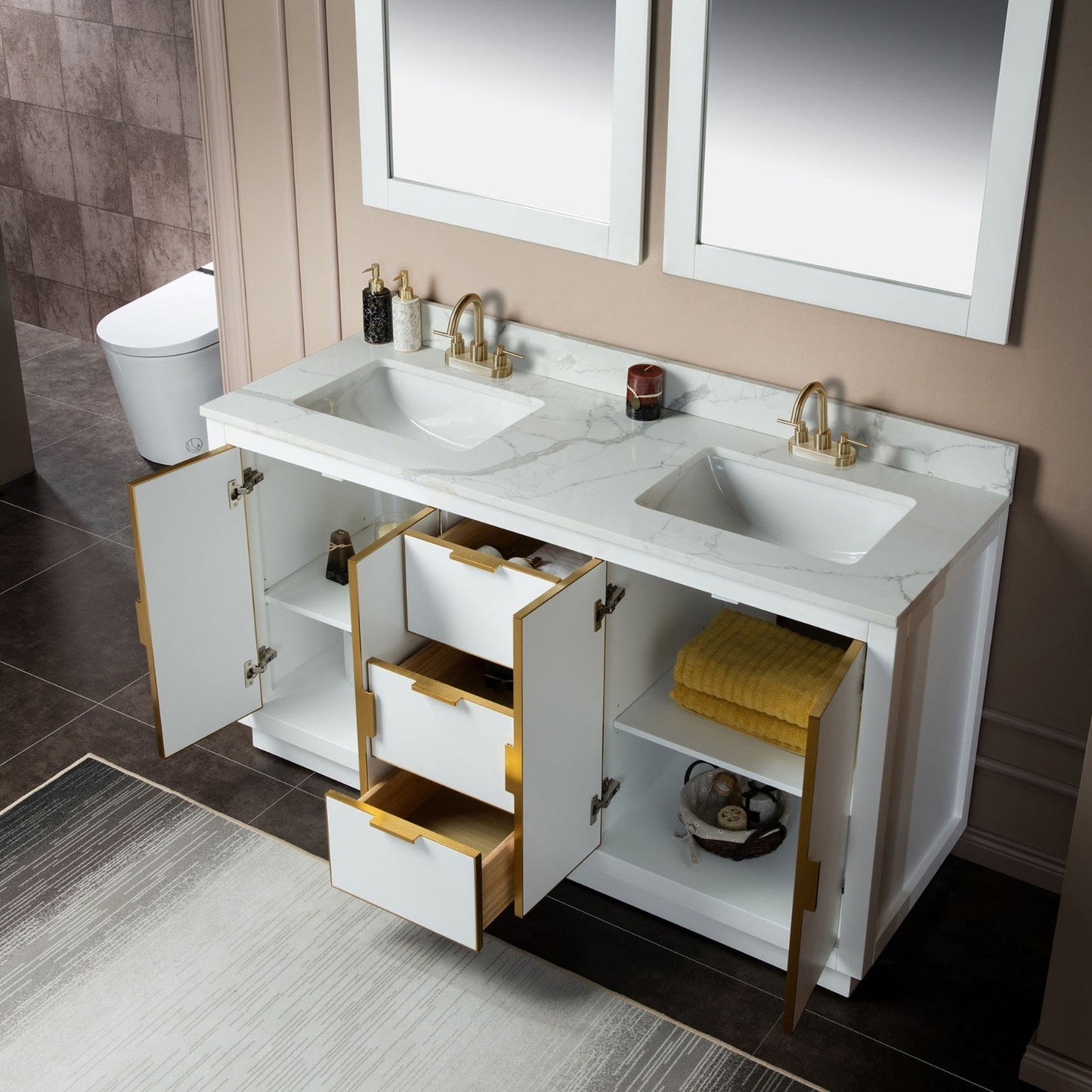 Woodbridge Venice 61" White and Gold Trim Solid Wood Vanity Base and Fish Belly White Engineered Stone Composite Top With 3 Pre-Drilled Holes for 4" Centerset Faucet