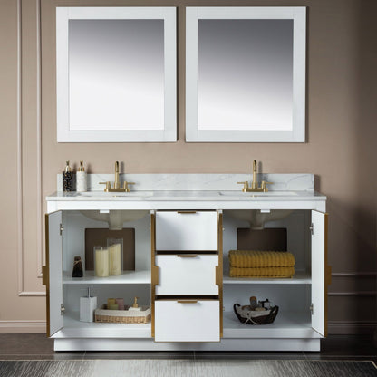 Woodbridge Venice 61" White and Gold Trim Solid Wood Vanity Base and Fish Belly White Engineered Stone Composite Top With 3 Pre-Drilled Holes for 4" Centerset Faucet