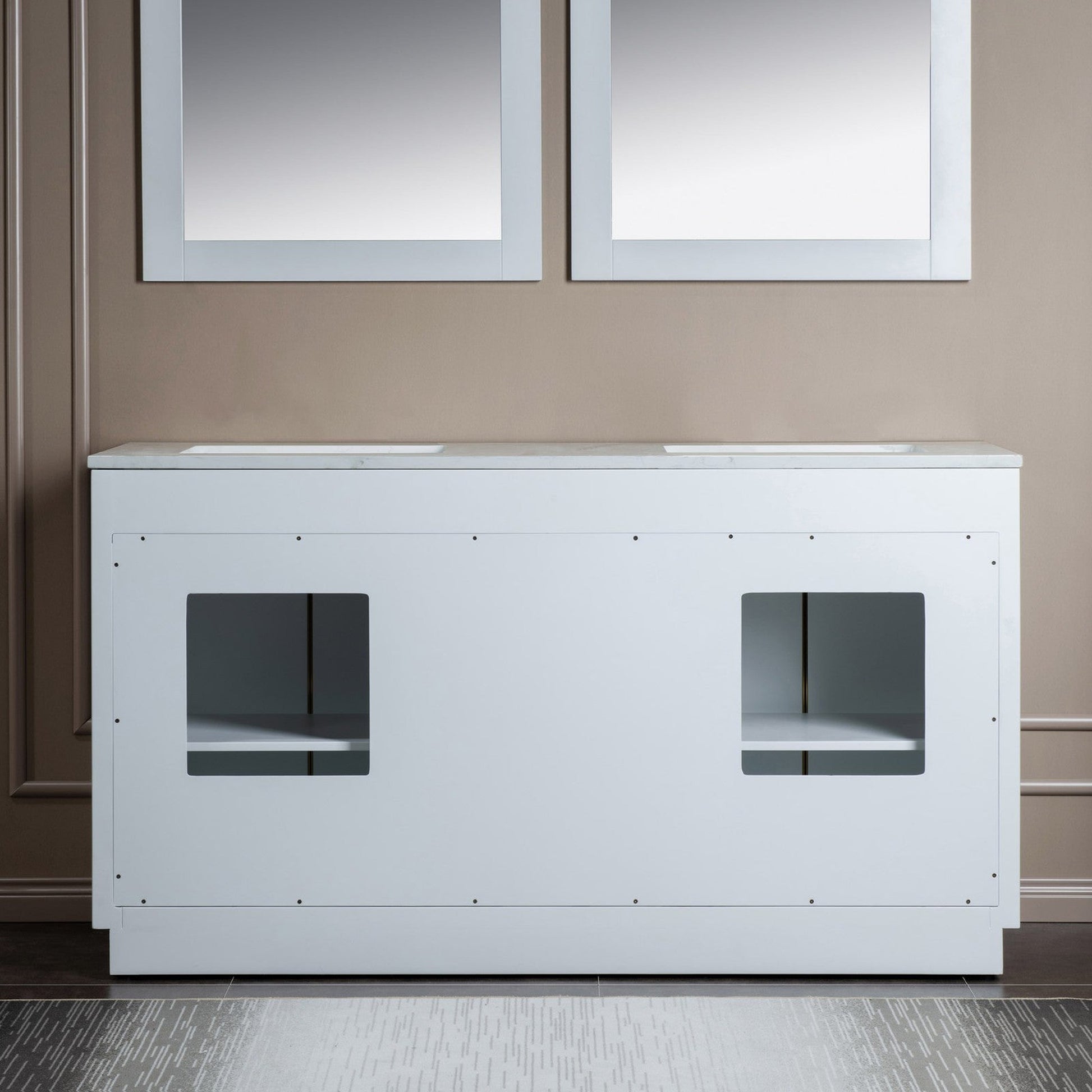 Woodbridge Venice 61" White and Gold Trim Solid Wood Vanity Base and Fish Belly White Engineered Stone Composite Top With 3 Pre-Drilled Holes for 4" Centerset Faucet