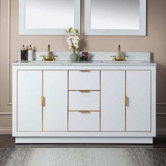 Woodbridge Venice 61" White and Gold Trim Solid Wood Vanity Base and Fish Belly White Engineered Stone Composite Top With 3 Pre-Drilled Holes for 4" Centerset Faucet