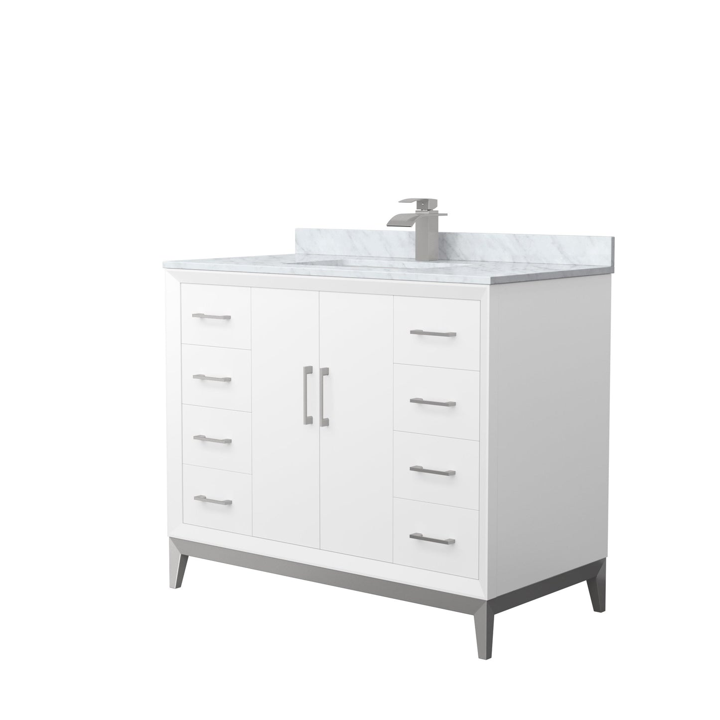 Wyndham Collection Amici 42" Single Bathroom Vanity in White, White Carrara Marble Countertop, Undermount Square Sink, Brushed Nickel Trim