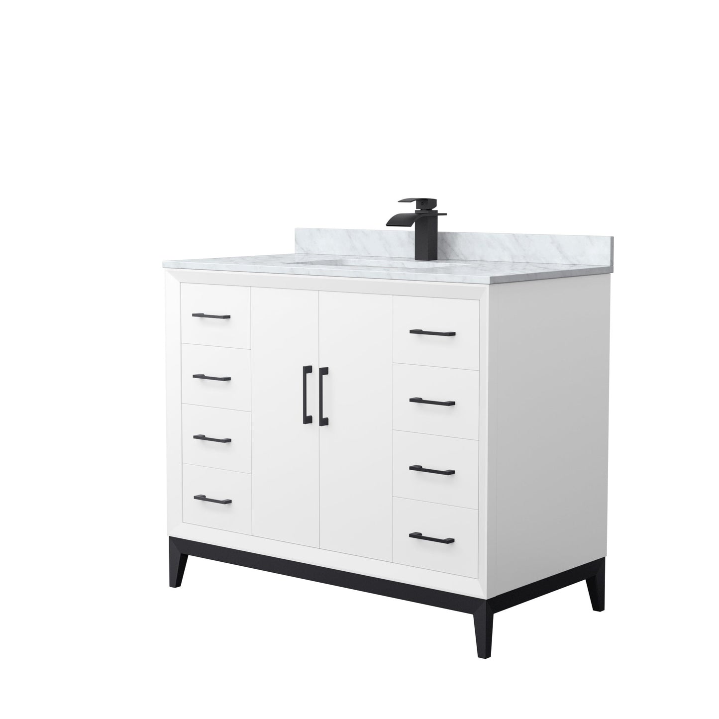 Wyndham Collection Amici 42" Single Bathroom Vanity in White, White Carrara Marble Countertop, Undermount Square Sink, Matte Black Trim