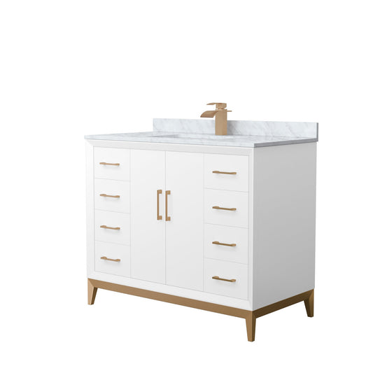 Wyndham Collection Amici 42" Single Bathroom Vanity in White, White Carrara Marble Countertop, Undermount Square Sink, Satin Bronze Trim