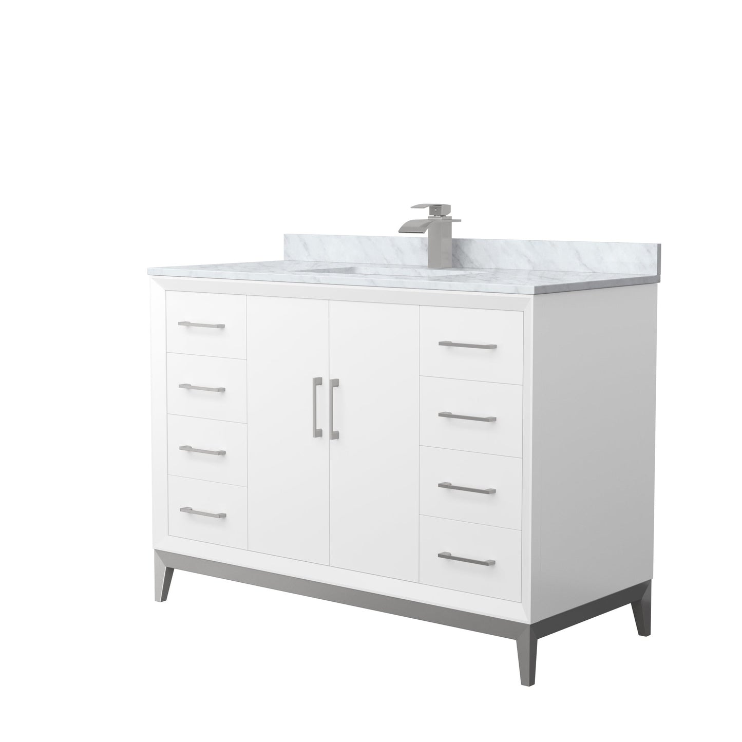 Wyndham Collection Amici 48" Single Bathroom Vanity in White, White Carrara Marble Countertop, Undermount Square Sink, Brushed Nickel Trim