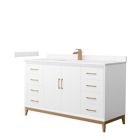 Wyndham Collection Amici 60" Single Bathroom Vanity in White, Carrara Cultured Marble Countertop, Undermount Square Sink, Satin Bronze Trim