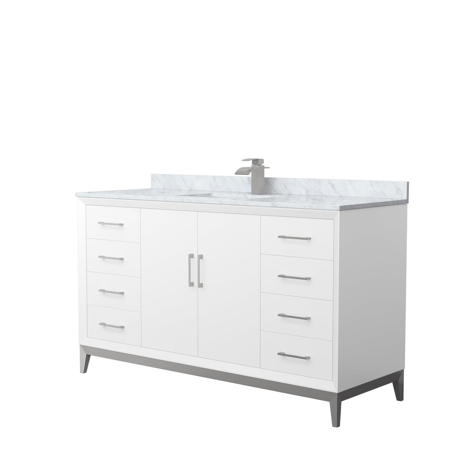 Wyndham Collection Amici 60" Single Bathroom Vanity in White, White Carrara Marble Countertop, Undermount Square Sink, Brushed Nickel Trim