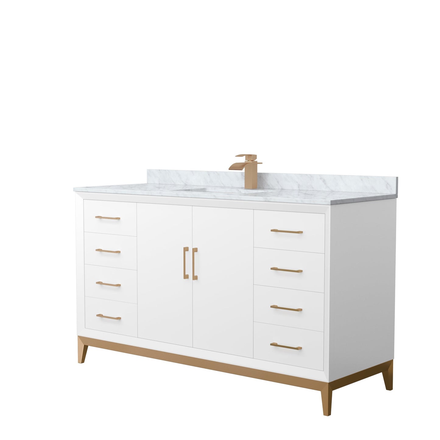Wyndham Collection Amici 60" Single Bathroom Vanity in White, White Carrara Marble Countertop, Undermount Square Sink, Satin Bronze Trim