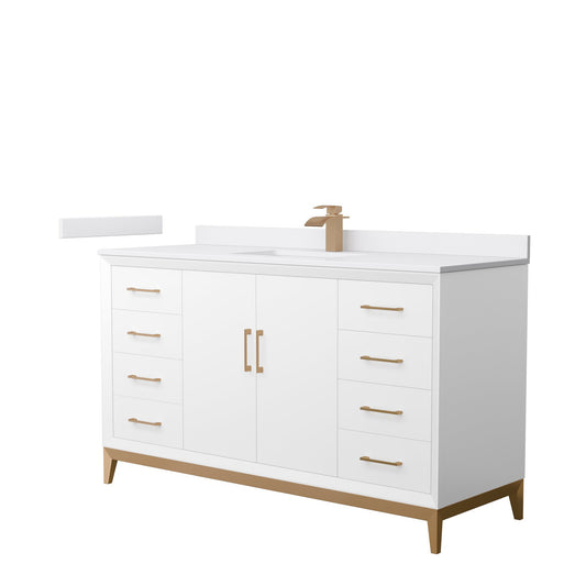 Wyndham Collection Amici 60" Single Bathroom Vanity in White, White Cultured Marble Countertop, Undermount Square Sink, Satin Bronze Trim