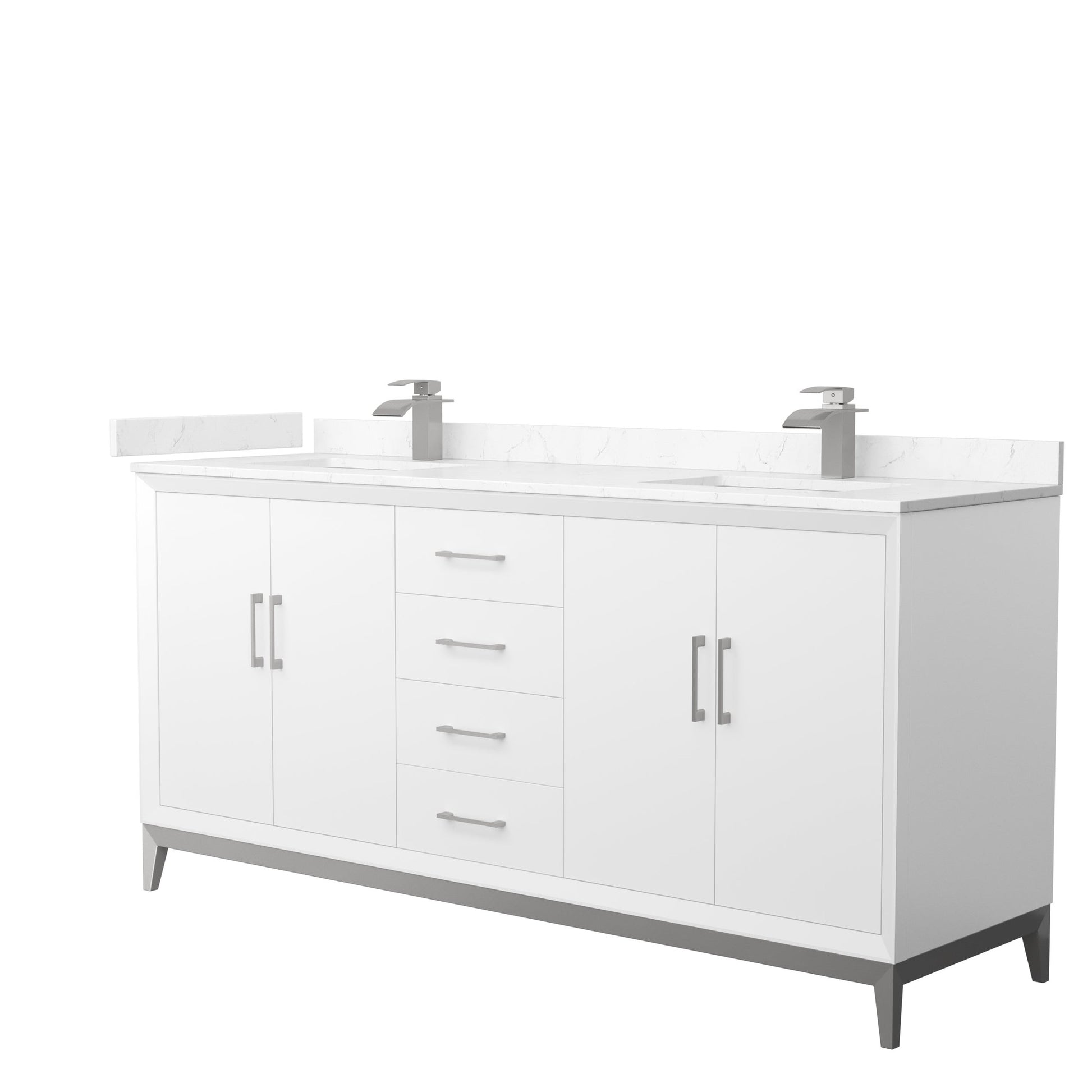 Wyndham Collection Amici 72" Double Bathroom Vanity in White, Carrara Cultured Marble Countertop, Undermount Square Sinks, Brushed Nickel Trim