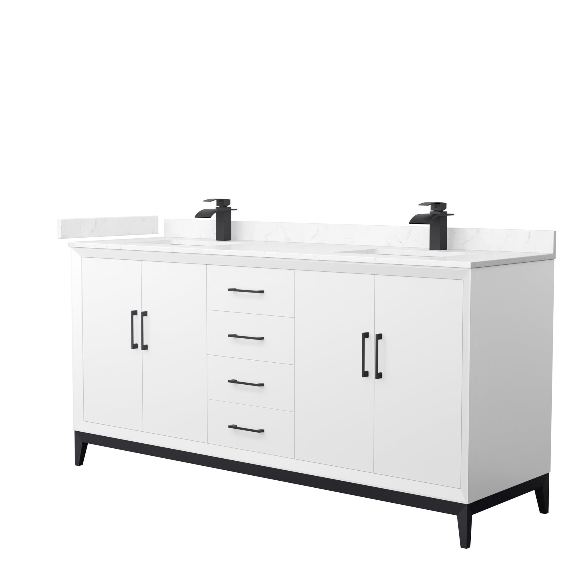 Wyndham Collection Amici 72" Double Bathroom Vanity in White, Carrara Cultured Marble Countertop, Undermount Square Sinks, Matte Black Trim