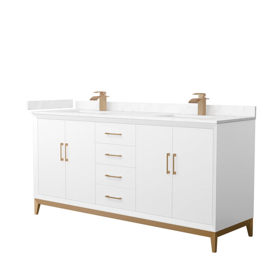 Wyndham Collection Amici 72" Double Bathroom Vanity in White, Carrara Cultured Marble Countertop, Undermount Square Sinks, Satin Bronze Trim
