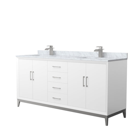 Wyndham Collection Amici 72" Double Bathroom Vanity in White, White Carrara Marble Countertop, Undermount Square Sinks, Brushed Nickel Trim
