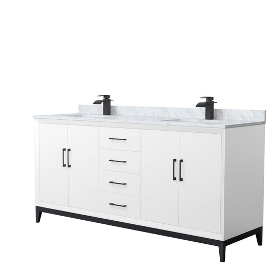Wyndham Collection Amici 72" Double Bathroom Vanity in White, White Carrara Marble Countertop, Undermount Square Sinks, Matte Black Trim