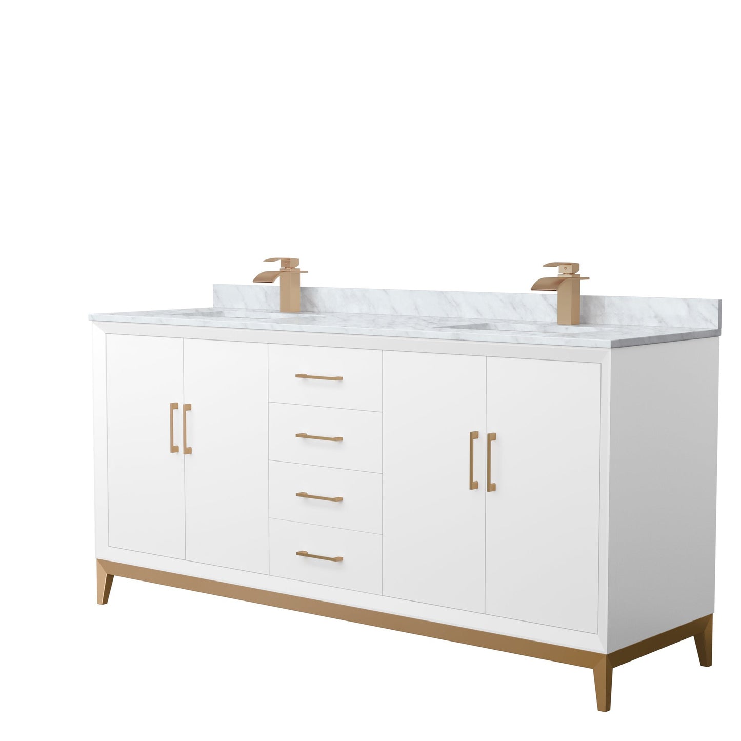 Wyndham Collection Amici 72" Double Bathroom Vanity in White, White Carrara Marble Countertop, Undermount Square Sinks, Satin Bronze Trim