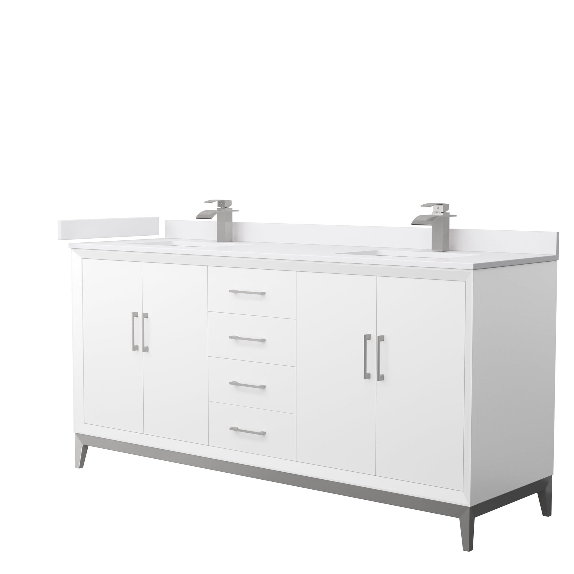 Wyndham Collection Amici 72" Double Bathroom Vanity in White, White Cultured Marble Countertop, Undermount Square Sinks, Brushed Nickel Trim
